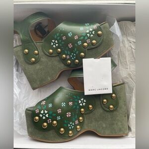Marc Jacobs Green Leather Floral Dawn Platform Sandal Shoes